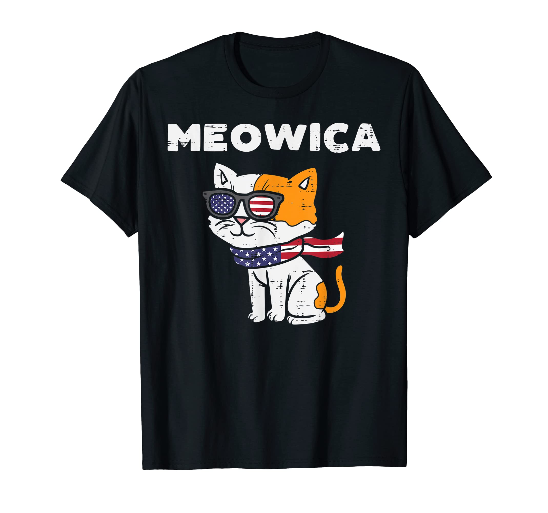 Meowica Cat Kitten American Flag USA Pet 4th Of July Fourth T-Shirt, Black