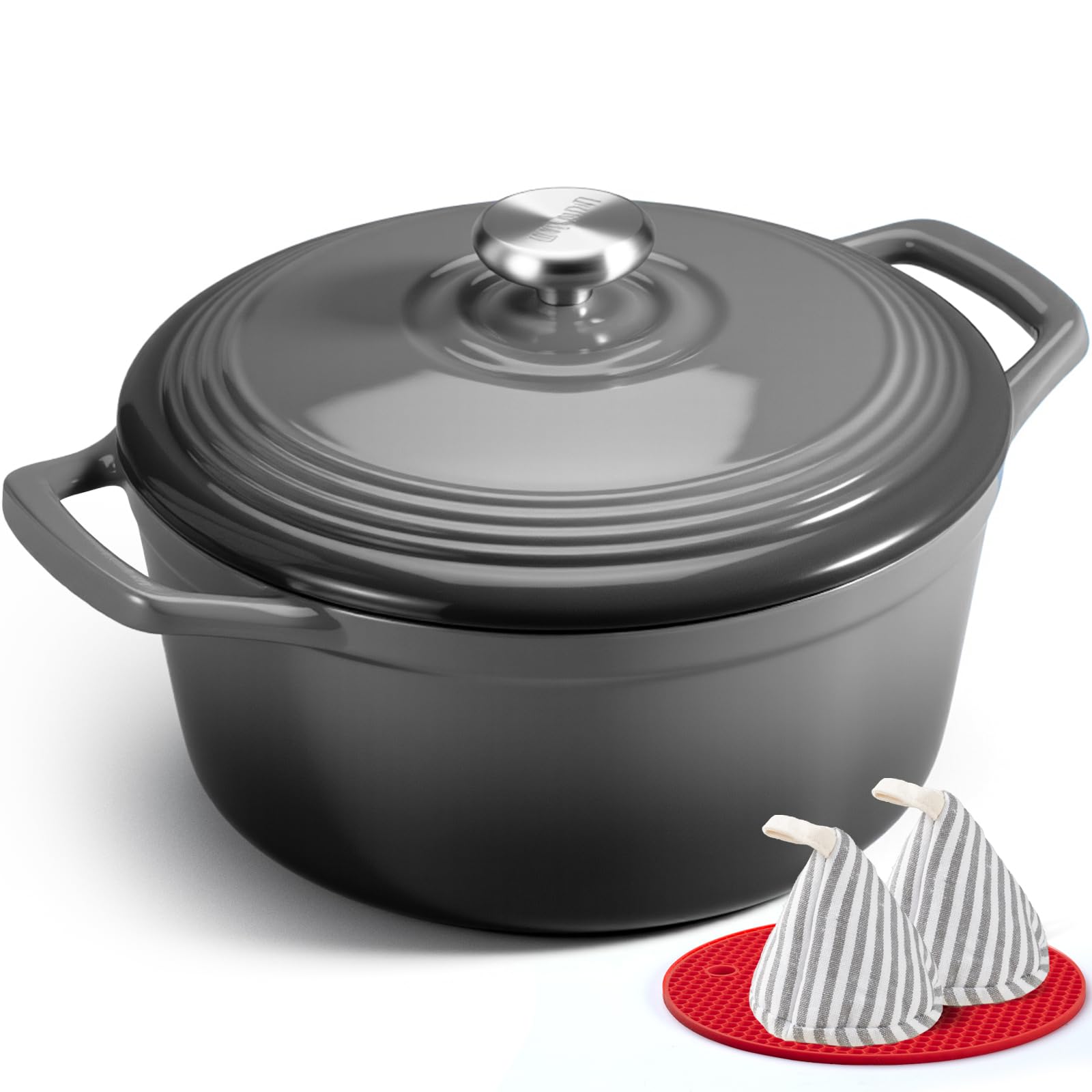 Refined Enameled Cast Iron Dutch Oven - 5.5QT Pot with Wide Handles Lid Cookbook & Cotton Potholders - Heavy-Duty Pre-Seasoned Cookware Oven Safe to 500°F for Braising, Stews, Roasting, Bread Baking