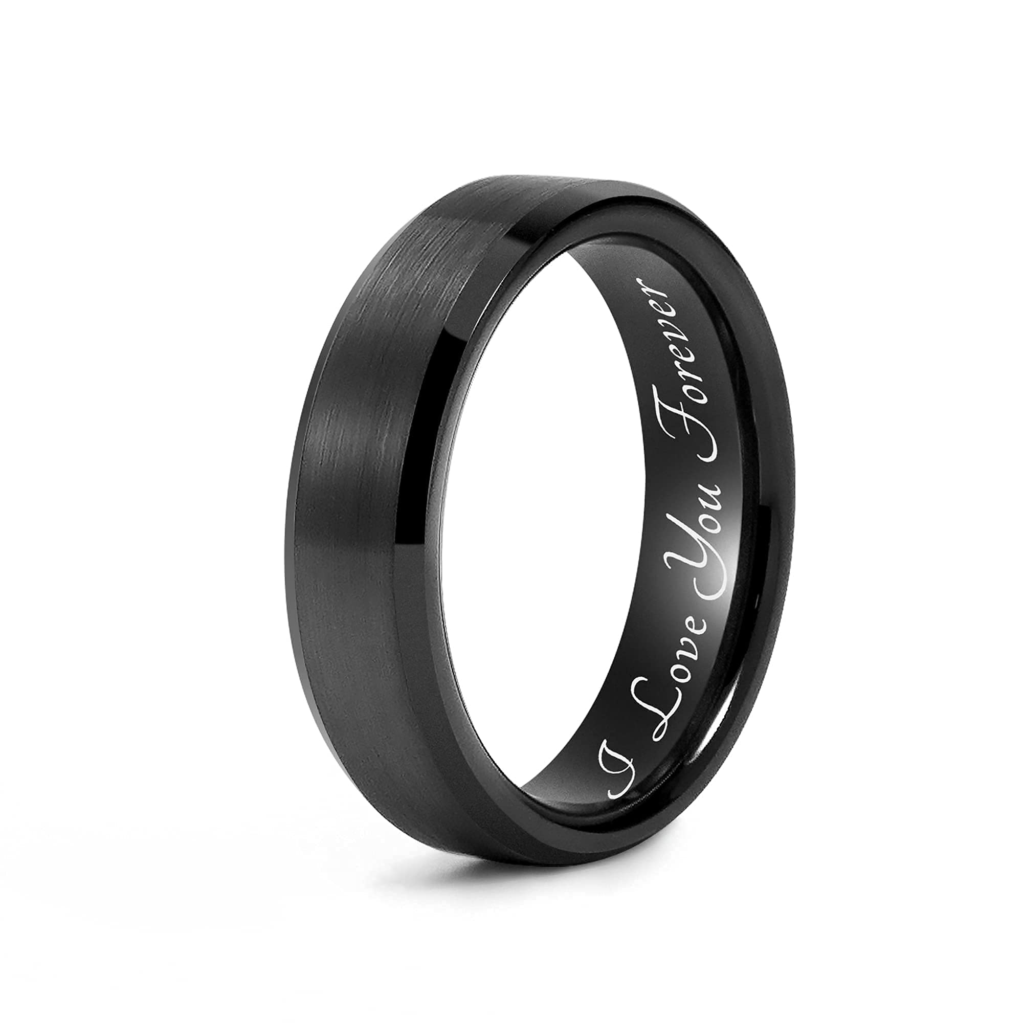 Ulan Moron Men's Rings 6mm/8mm Black Tungsten Carbide Love Promise Ring Matte Brushed with Bevelled Edge Free Personalized Custom Engrave Comfort Fit Wedding Band