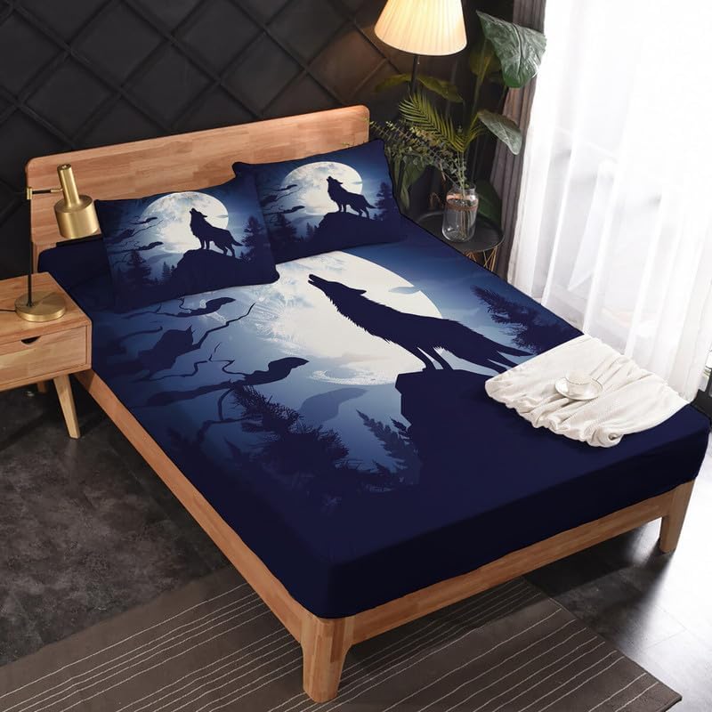 Miniatura 2 de Juego de sábanas tamaño California King, sábanas de lobo aullador, sábanas y fundas de almohada, microfibra suave, bolsillo profundo y sin arrugas,