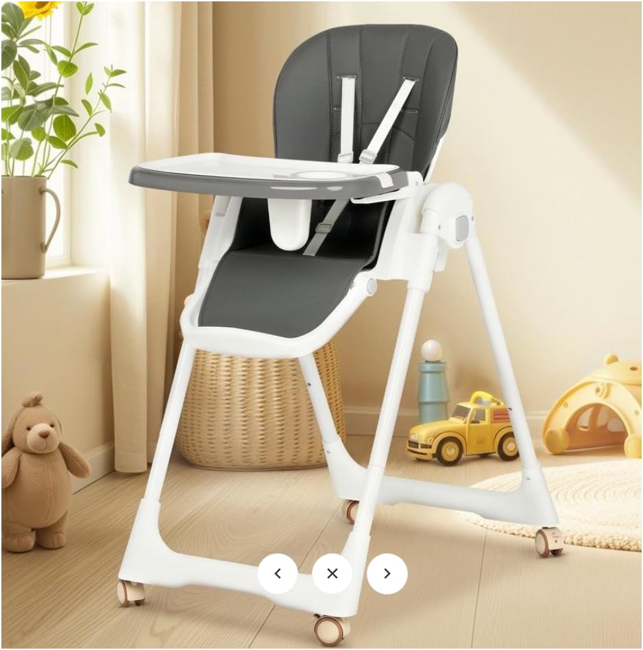Image of Baby High Chair, Foldable with 5-Point Harness, Adjustable Recline, Removable Tray and Wheels, Grey
