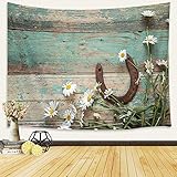 Western Tapestry, Rusty Horseshoe with Daisy Floral Tapestry, Rustic Old Barn Wood Tapestry, Rustic