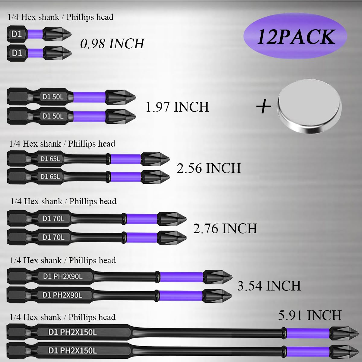 12 punte magnetiche ad alta durezza e resistenti, punte antiscivolo e antiurto con punte per cacciavite, kit di punte magnetiche per cacciavite con punta magnetizzante, in lega di acciaio nero