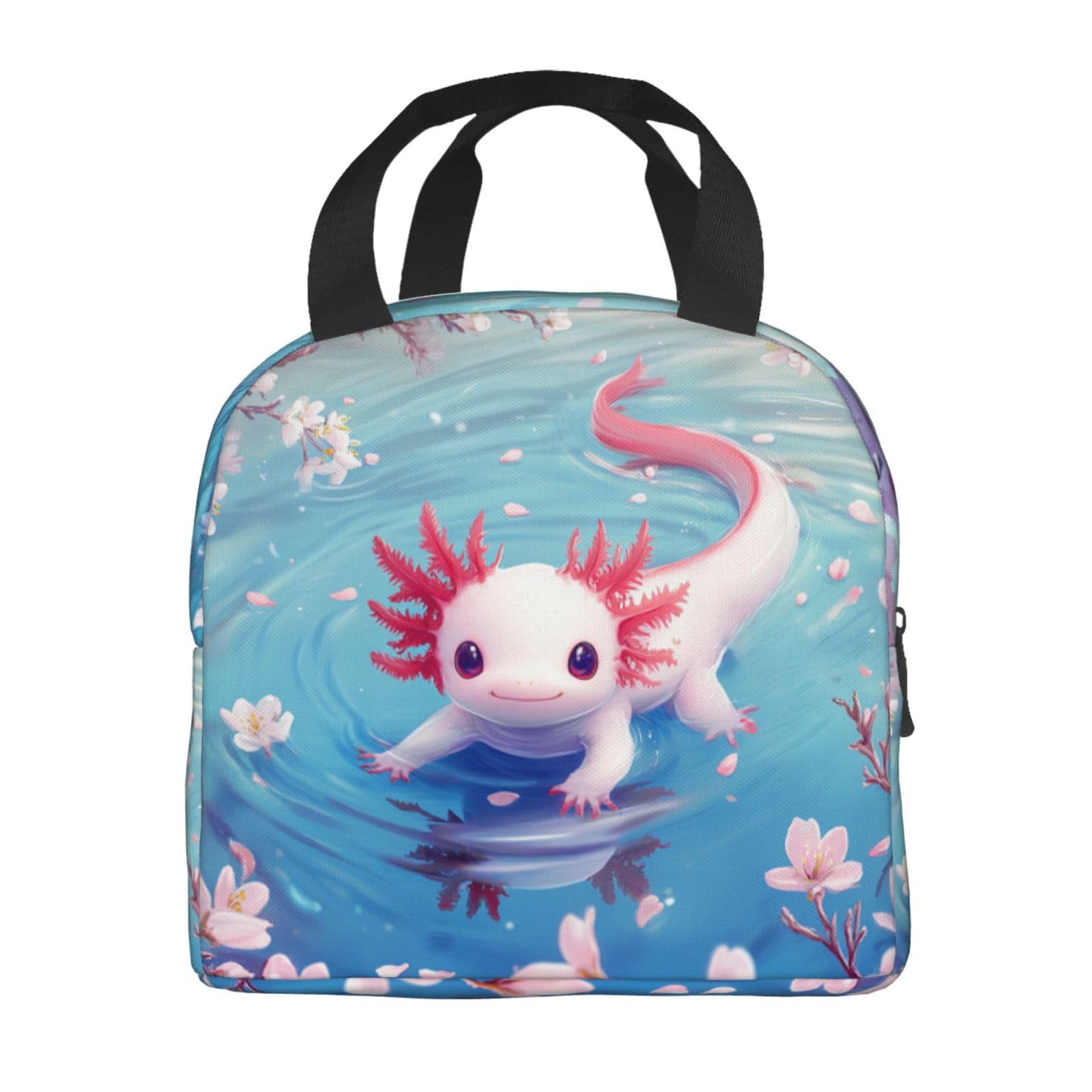 gkmaolt Funny Axolotl Lunch Box Cherry Blossoms Insulated Lunch Bag for Kids Women Men Reusable Cooler Cute Ocean Animal Tote Bag with Front Pocket