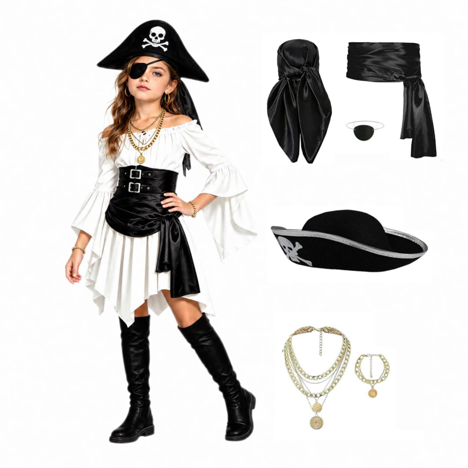 7 Pcs Girls Pirate Costume, Pirate Costume Kids with Pirat Dress and Corset Belt, Halloween Costumes Create Complete Pirat Princess Dress for Child, Perfect Birthdays, Carnivalsand Themed Parties