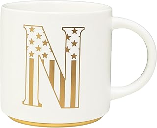 COLLECTIVE HOME - Monogram Ceramic Mug, 15oz Patriotic Letter Tea Cup, Elegant Independence Day Design, Personalized Mug for 4th of July, Ideal Gift for Him, Brother, or Father, White (N)