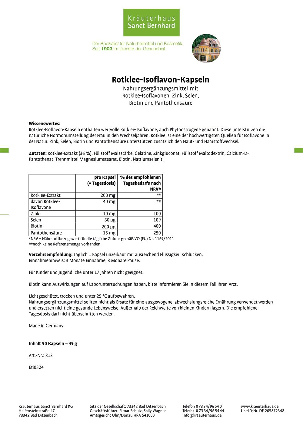 Rotklee-Isoflavon-Kapseln mit Zink, Selen, Biotin, Pantothensäure 90 Kapseln