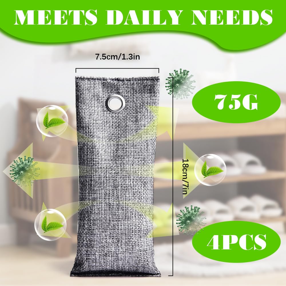 Bolsas Purificadoras de Aire de Carbón de Bambú, 4 Pcs bolsas Eliminador de Olores para Zapatos, 75g Bolsa De Carbón Activo De Bambú para Automóvil,Para Armarios, Zapatos, Eliminar Los Olores