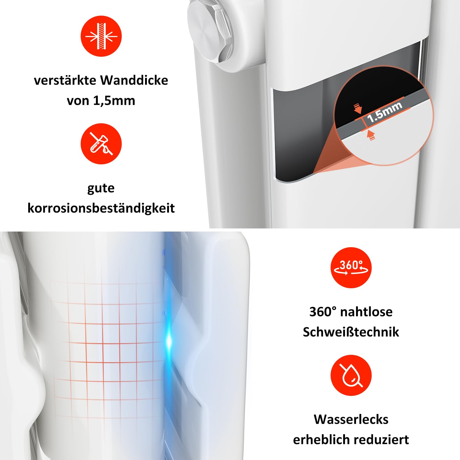 SONNI Design Heizkörper 1200x465mm Weiß 950 Watt, Doppellagig Heikörper flach horizontal Flachheikörper für Bad Seitenanschluss Badheizkörper