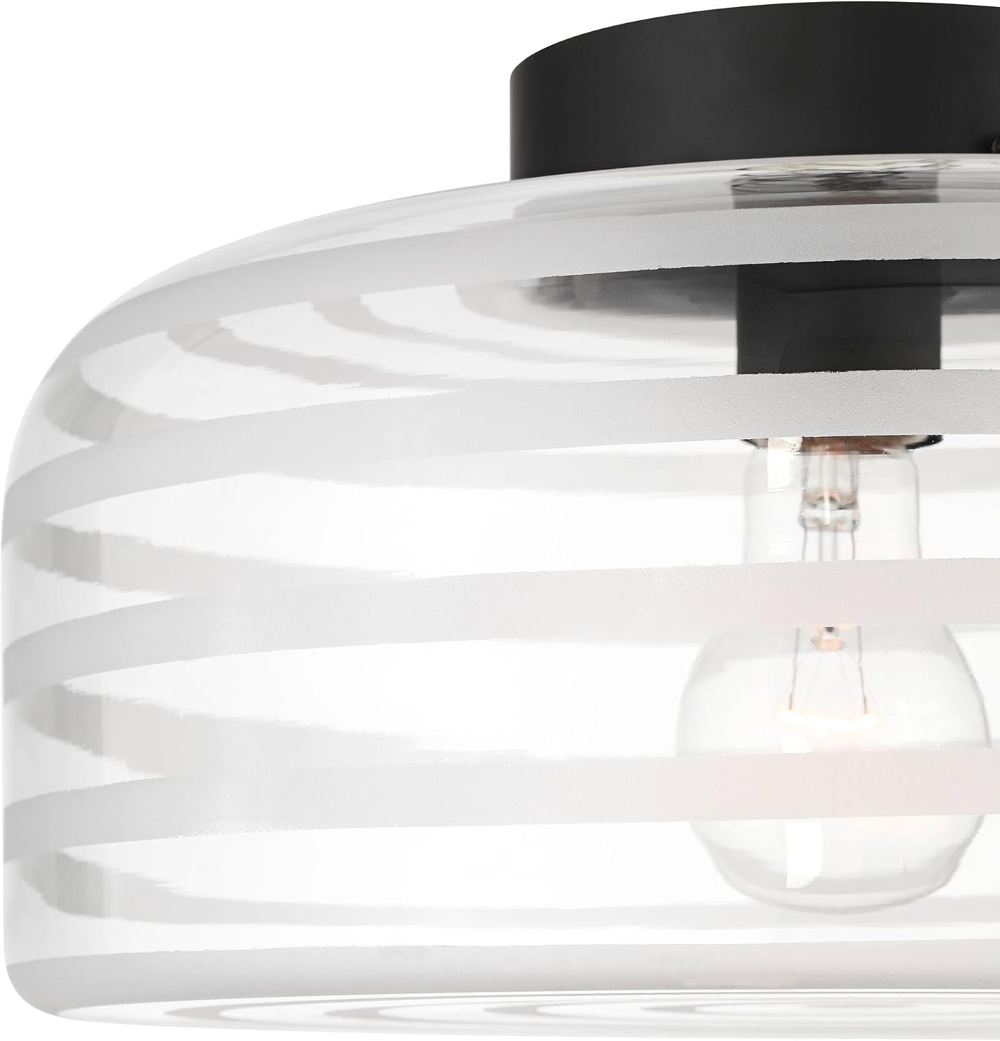 Possini Euro Design Cooper 12 3/4" Mid Century Modern Semi Flush-Mount Ceiling Light Fixture Kitchen Foyer Hallway Drum Round Black Finish Ribbed Glass Bedroom Bathroom Entryway Living Room Indoor