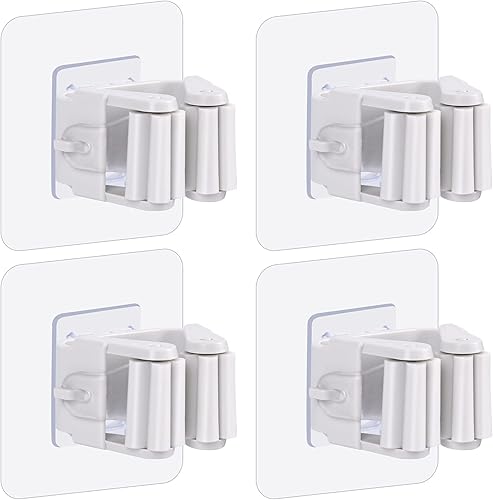 Paquete de 4 soportes de pared para trapeador y escoba, agarrador de escoba autoadhesivo, sin taladrar, colgador de escoba y recogedor para el