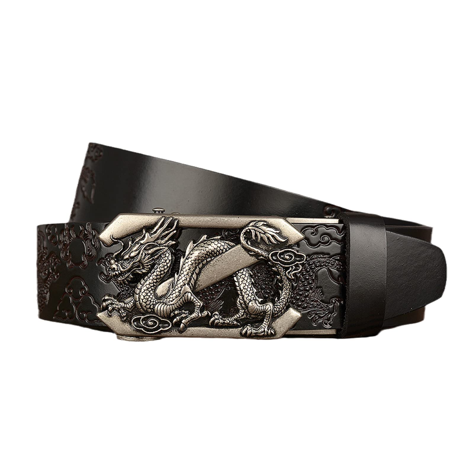 pasek, Oryginalne skórzane paski dla mężczyzn i kobiet z grawerowaną automatyczną klamrą 3D Dragon ze skóry zapięciem grzechotkowym(Black,120cm/waist:40"~42")