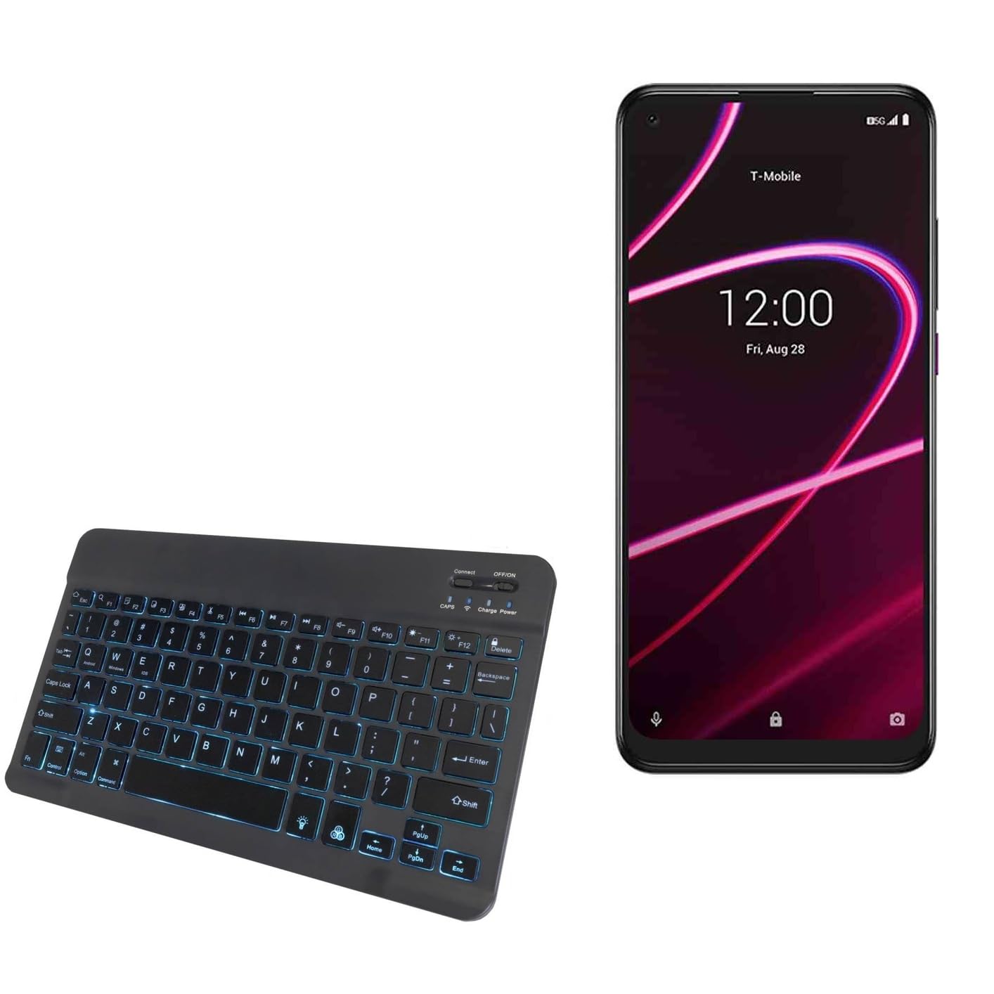 BoxWave Keyboard Compatible with T-Mobile REVVL 5G - SlimKeys Bluetooth Keyboard - with Backlight, Portable Slim LED 7 Colors - Jet Black