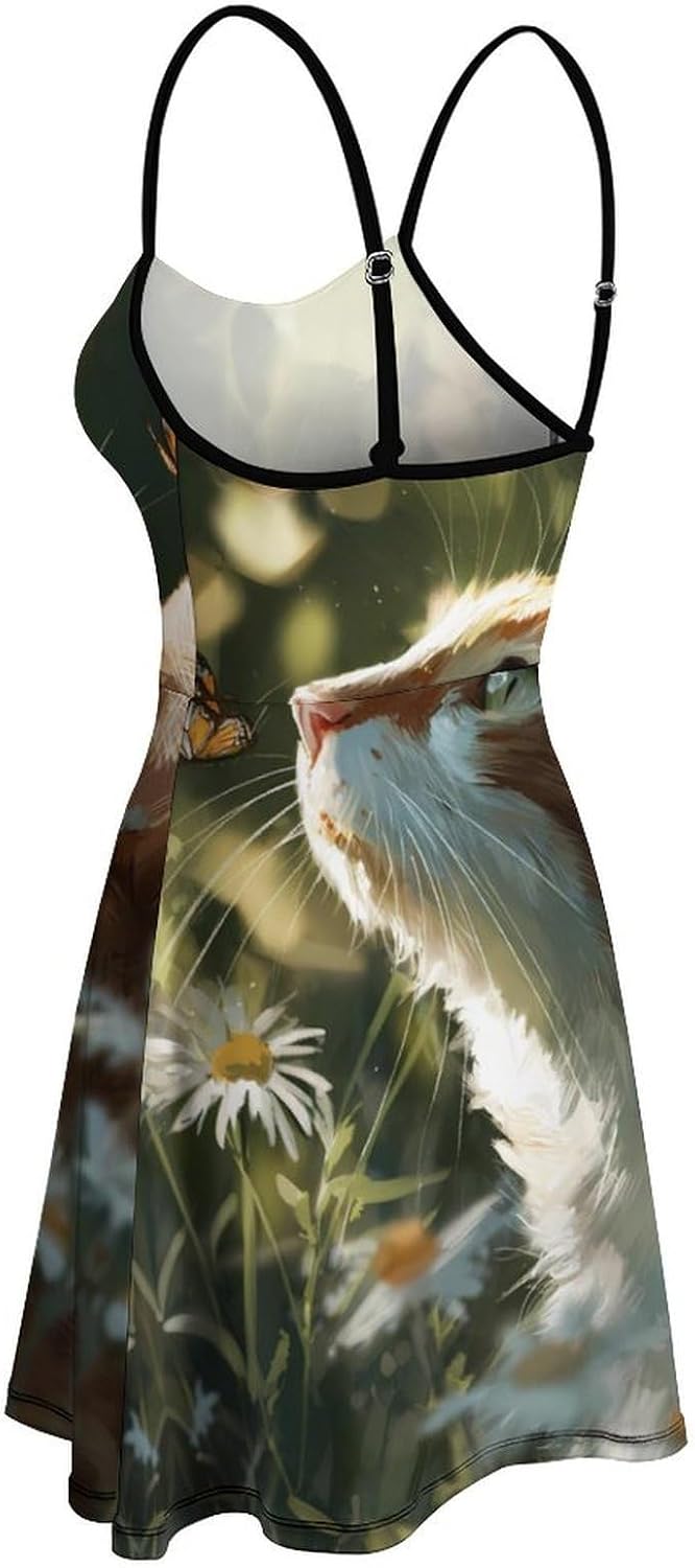 Cat Butterfly with Daisy Flowers Short Cami Dress for Women Adjustable Spaghetti Strap Flowy Sundress Beach Vacation