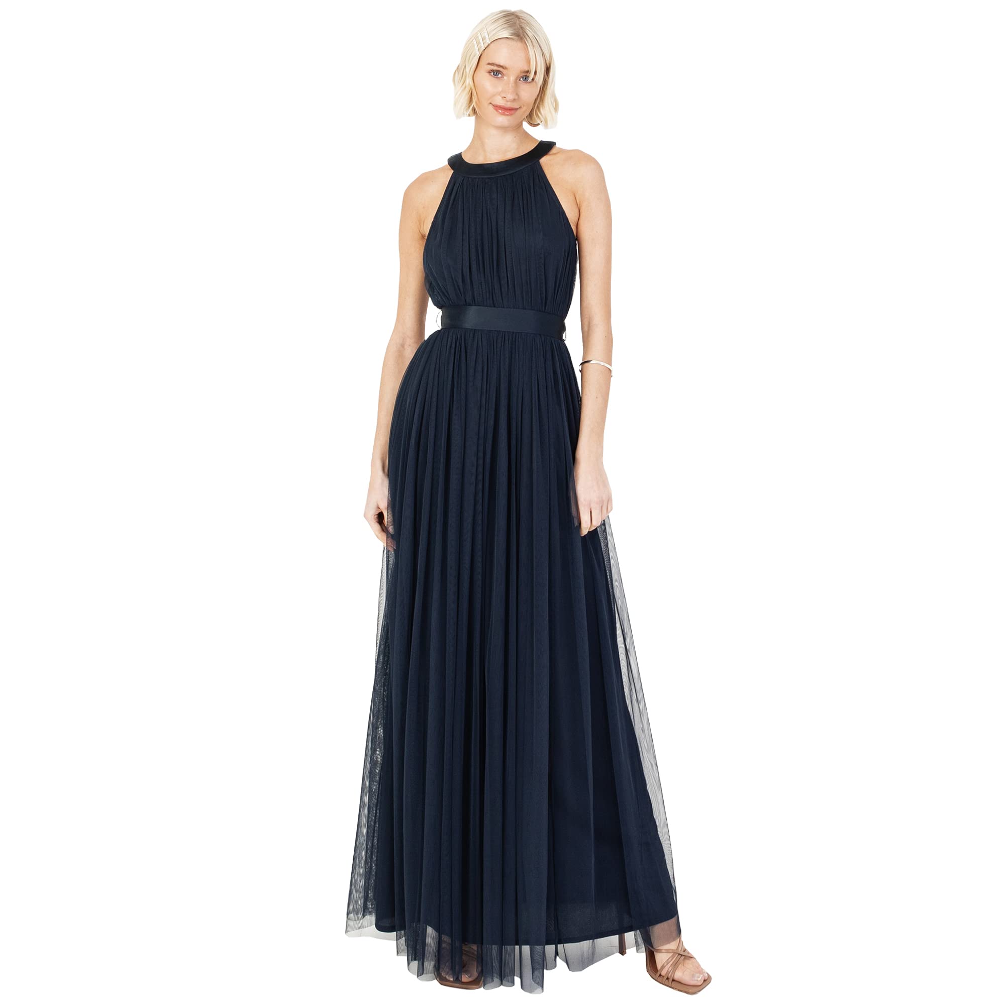 Ladies Maxi Dress for Women Halter Neck Long Sleeveless with Belt A Line Evening Gown Ball Prom Wedding Guest Bridesmaid