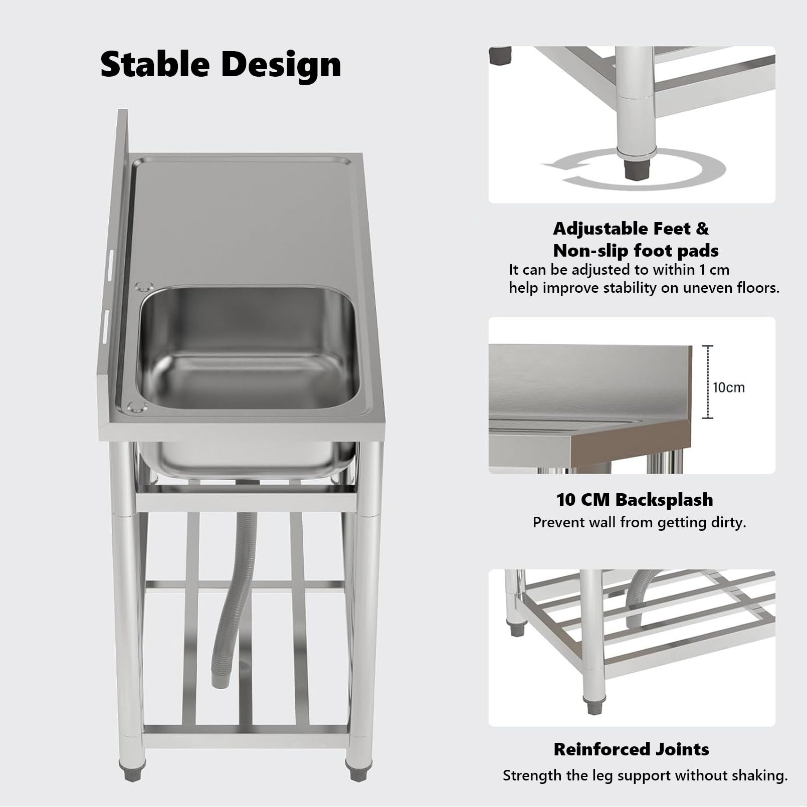 Évier Utilitaire autoportant en Acier Inoxydable, évier Commercial à Une cuve avec Plan de Travail, étagère de Rangement, Robinet d'eau Froide et Porte-Couteaux pour Restaurant, GA