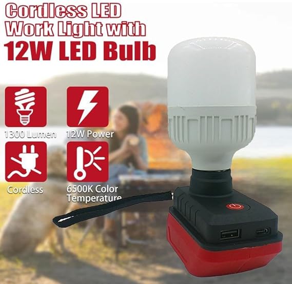 Cordless LED Work Light for Einhells 511396 4511437 18V 30W High Power Portable Outdoor Workshop Lighting USB Port ABS Lightweight Easy Button Switch Size 230x170x100mm