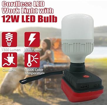 Cordless LED Work Light for Einhells 511396 4511437 18V 30W High Power Portable Outdoor Workshop Lighting USB Port ABS Lightweight Easy Button Switch Size 230x170x100mm