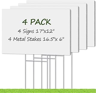 Blank Yard Signs with Stakes, Remiawy Custom Yard Sale Sign 17x12 Inch 4 Pack Corrugated Plastic Double Sided for Outdoor Lawn, Estate Garage, Open House, Birthday Decoration