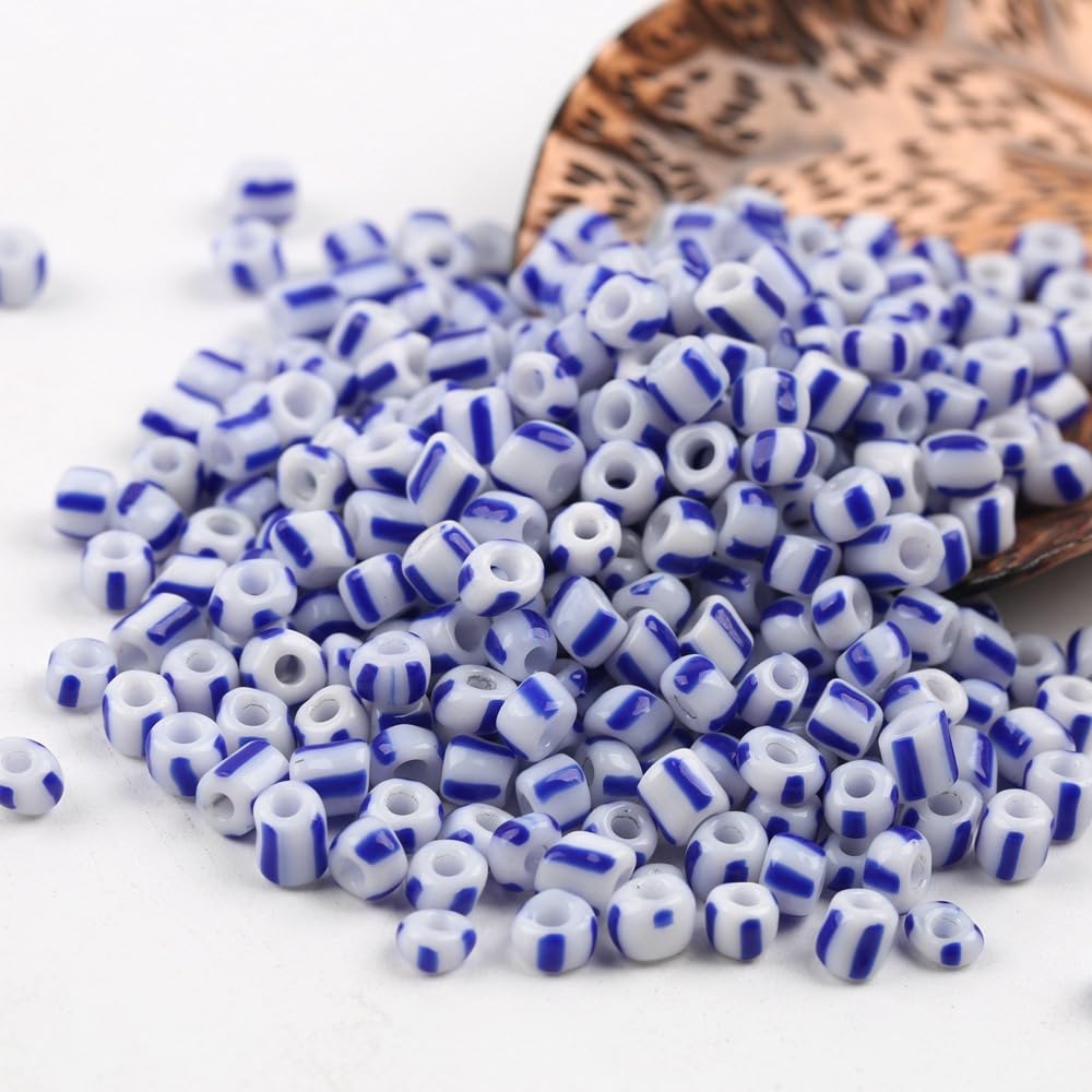 XJHDS 900/1500/4500pcs Blue White Striped Seed Beads, 3/4/5mm Vintage Spacer Beads, Czech Glass Beads for Bracelet Necklace Making, DIY Crafts