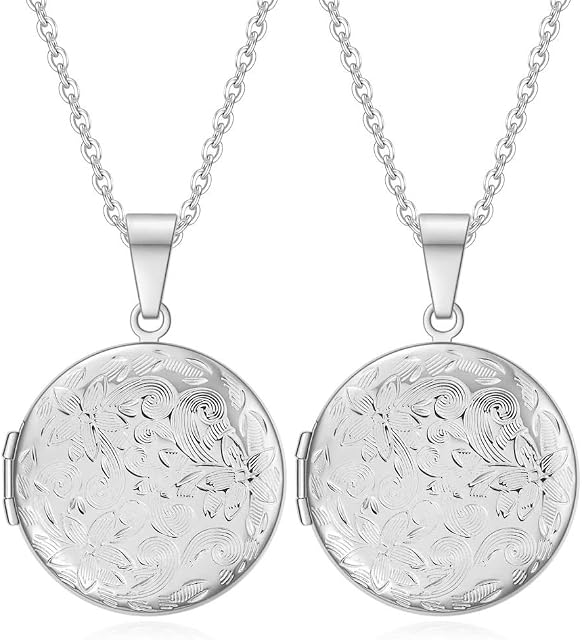 Liitata 2 Pcs Round Locket Necklace That Holds Pictures Flower Lockets Necklaces Stainless Steel Photo Memory Necklace Chain for Women Girls Birthday Gift Souvenir - Silver