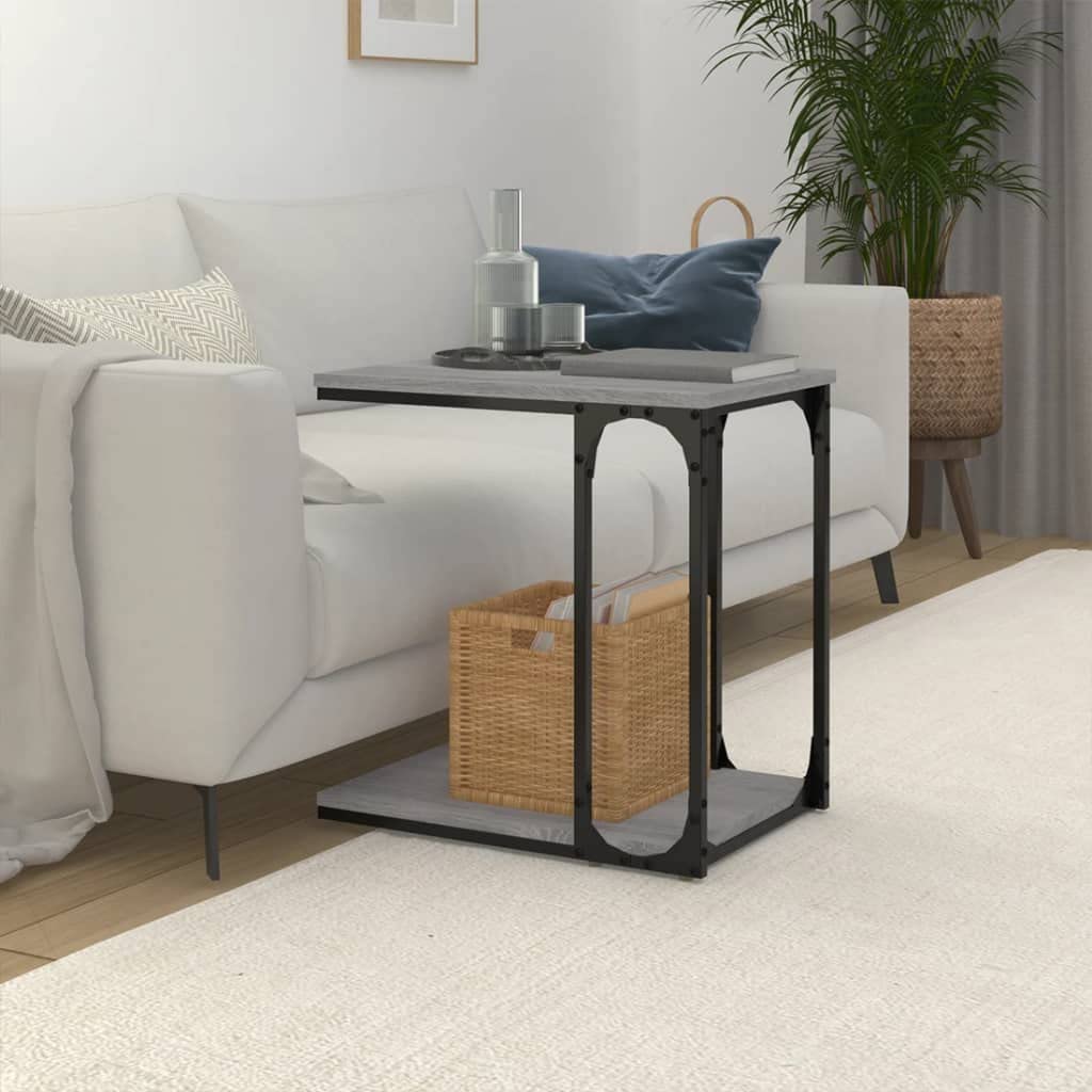 Mesa auxiliar Sonoma gris 50 x 35 x 52 cm, madera con forma de C, marco de acero estable, mesa de centro para salón, dormitorio, práctico espacio de almacenamiento