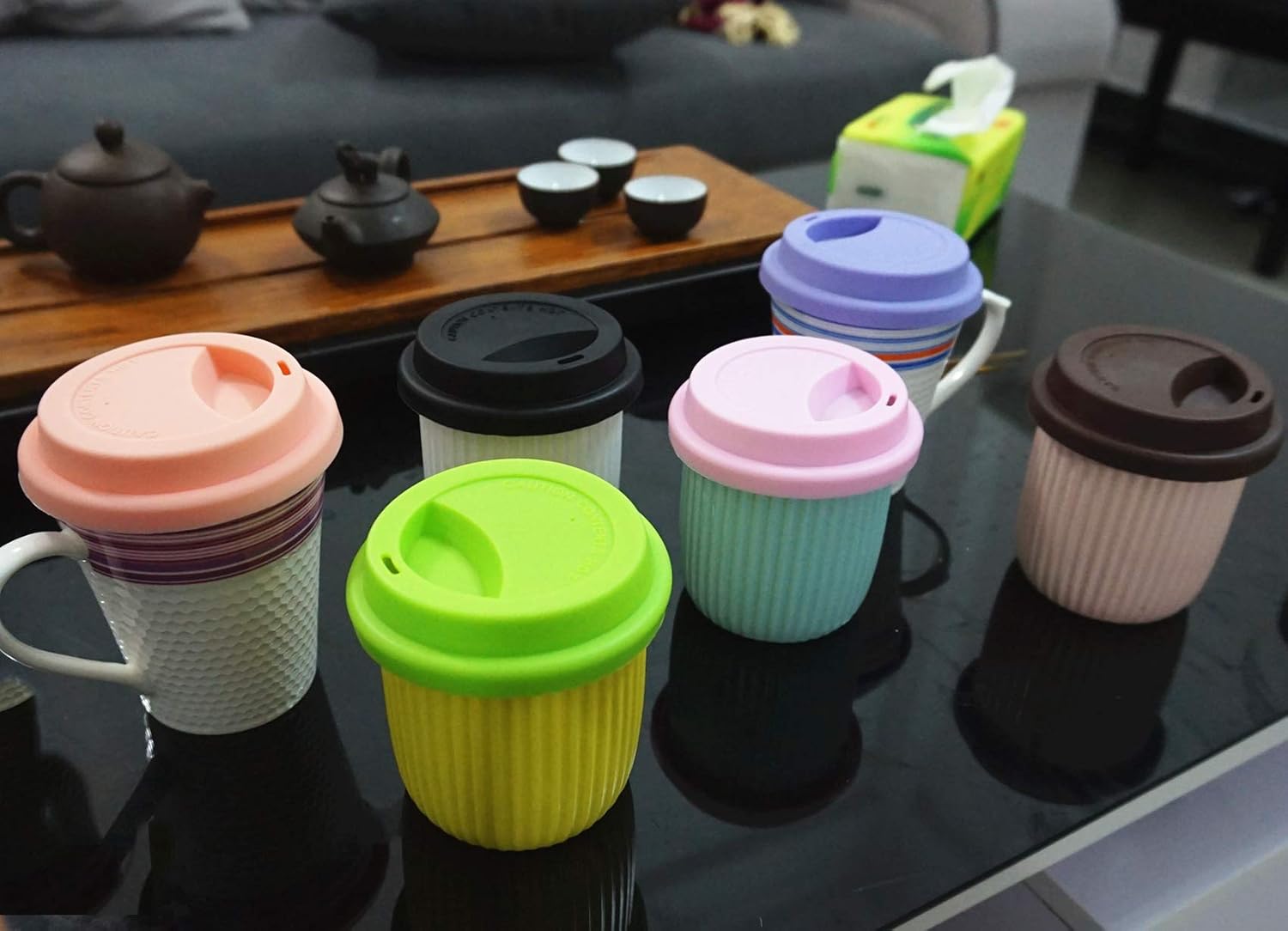 Silicone Drinking Lid Spill-Proof Cup Lids Reusable Coffee Mug Lids Coffee Cup Covers 2 Pcs - Yellow