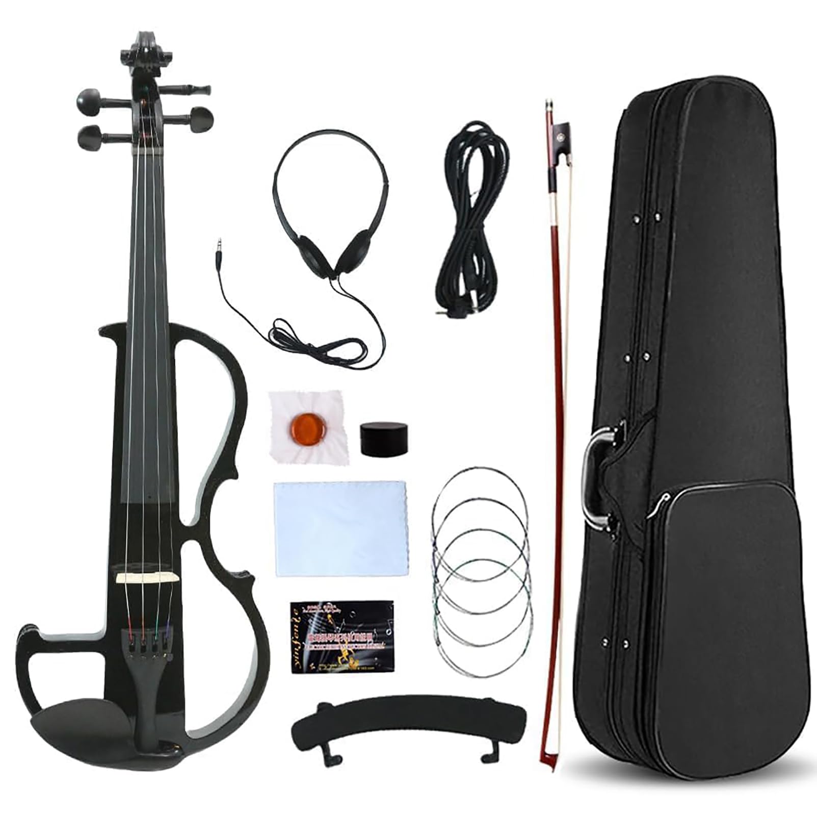 Vetimobato Electric Violin 4/4 Full Size Solid Wood Silent Violin Set for Adults Beginner Practice Electric Fiddle with Ebony Fittings Hard Case &amp; Bow(4 String Black)