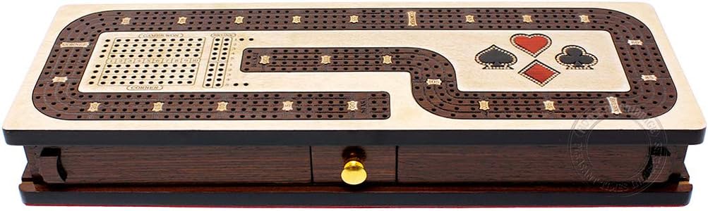 House of Cribbage - Continuous Cribbage Board/Box Inlaid in Maple/Wenge Wood: 4 Track - Cards and Pegs Storage Drawer with Score Marking Fields for Skunks, Corners and Won Games
