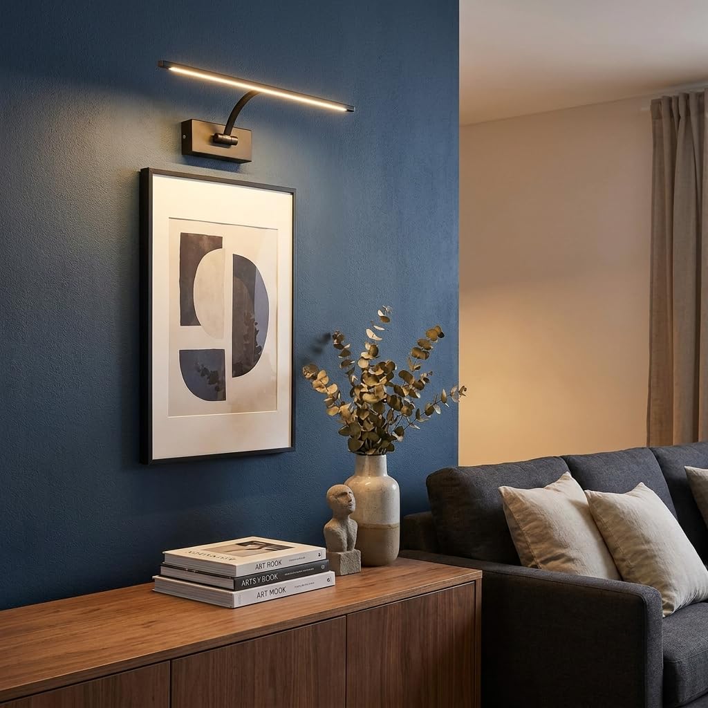 BARCELONA LED Applique Murale LED 6W pour Tableaux, Noir Aluminium, 2700K Blanc Chaud, Lampe Murale Orientable 120°, Éclairage Cadres, Œuvres et Décoration Intérieure IP20 | Métal, Polycarbonate, Noir, 340×200×50 mm, CRI>80, IP20, Faisceau 120°, Pour Tabl
