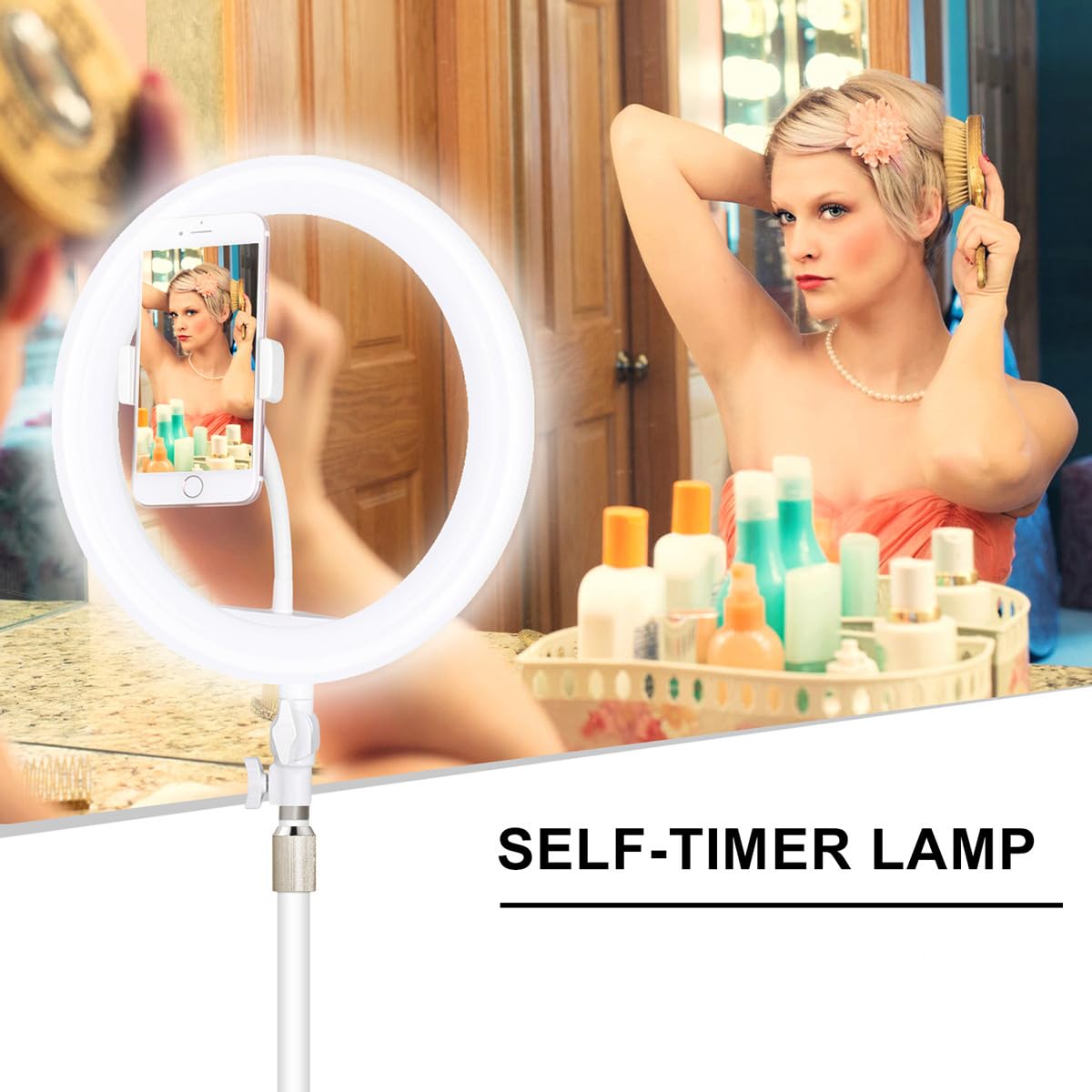 Vaguelly Lampada LED per Selfie 10 Pollici Supporto Telescopico, Luce di Riempimento Dimmerabile Usb, Controllo Cavo e Braccio Regolabile a 180°, per Video, Trucco e Streaming Live