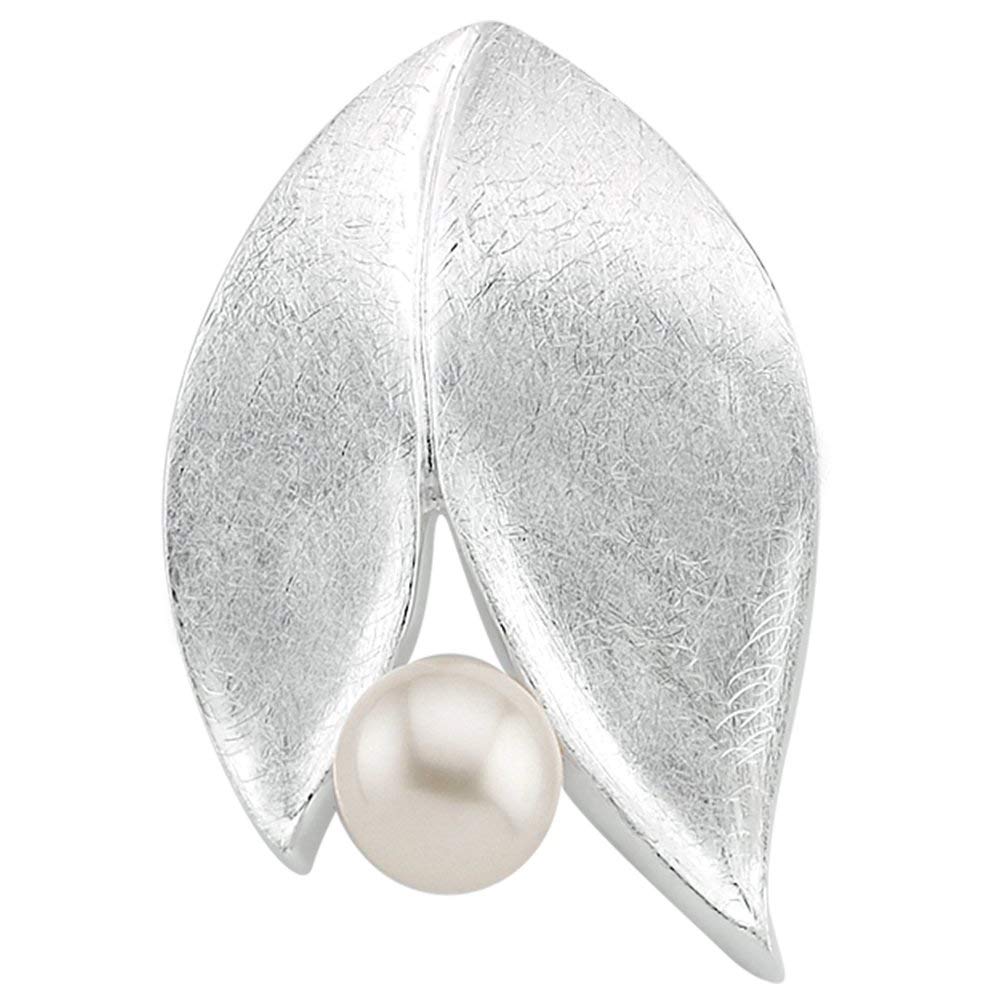 Vinani Anhänger 2 Blätter mit Süßwasserzuchtperle elegant gebürstet Sterling Silber 925 Natur Perle 2ABE-EZ