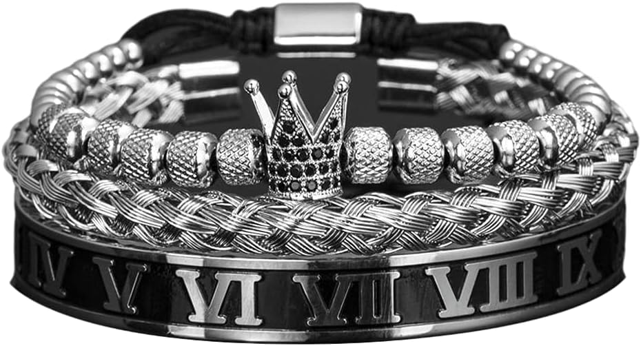 AIDUOMIRZER3pcs/Set Luxury Gold Fashion European and American style Royal King Crown Men Bracelets Roman Numeral Bracelet Unique Design Braided Adjustable Bangle Pulseira, 6.5-7.5inch, Metal, zircon