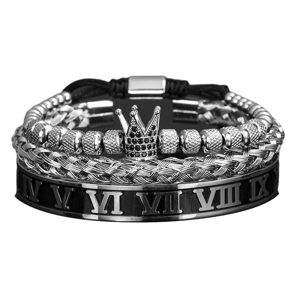 AIDUOMIRZER3pcs/Set Luxury Gold Fashion European and American style Royal King Crown Men Bracelets Roman Numeral Bracelet Unique Design Braided Adjustable Bangle Pulseira, 6.5-7.5inch, Metal, zircon