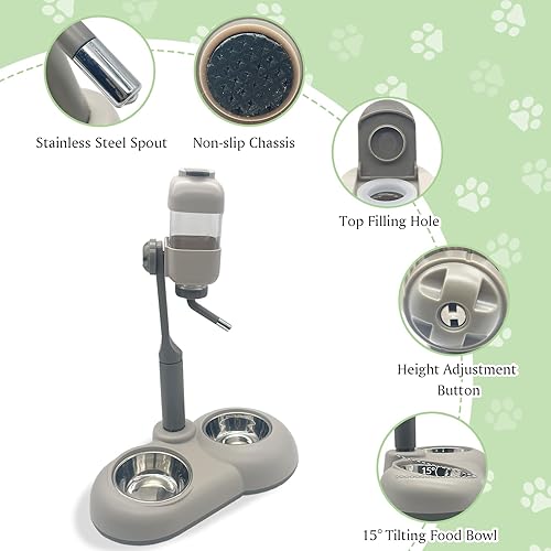 Miniatura 2 de Fhiny Botella alimentadora de agua para perros con soporte, dispensador automático ajustable de alimentos para perrera a prueba de fugas, sin goteo,
