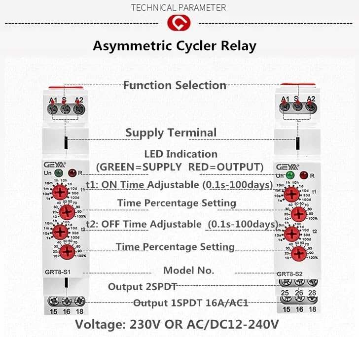 GRT8-S Asymmetric Cycle Timer Relay SPDT 220V 16A AC/DC12V-240V Electronic Repeat Relay(GRT8-S1 ACDC12V-240V)