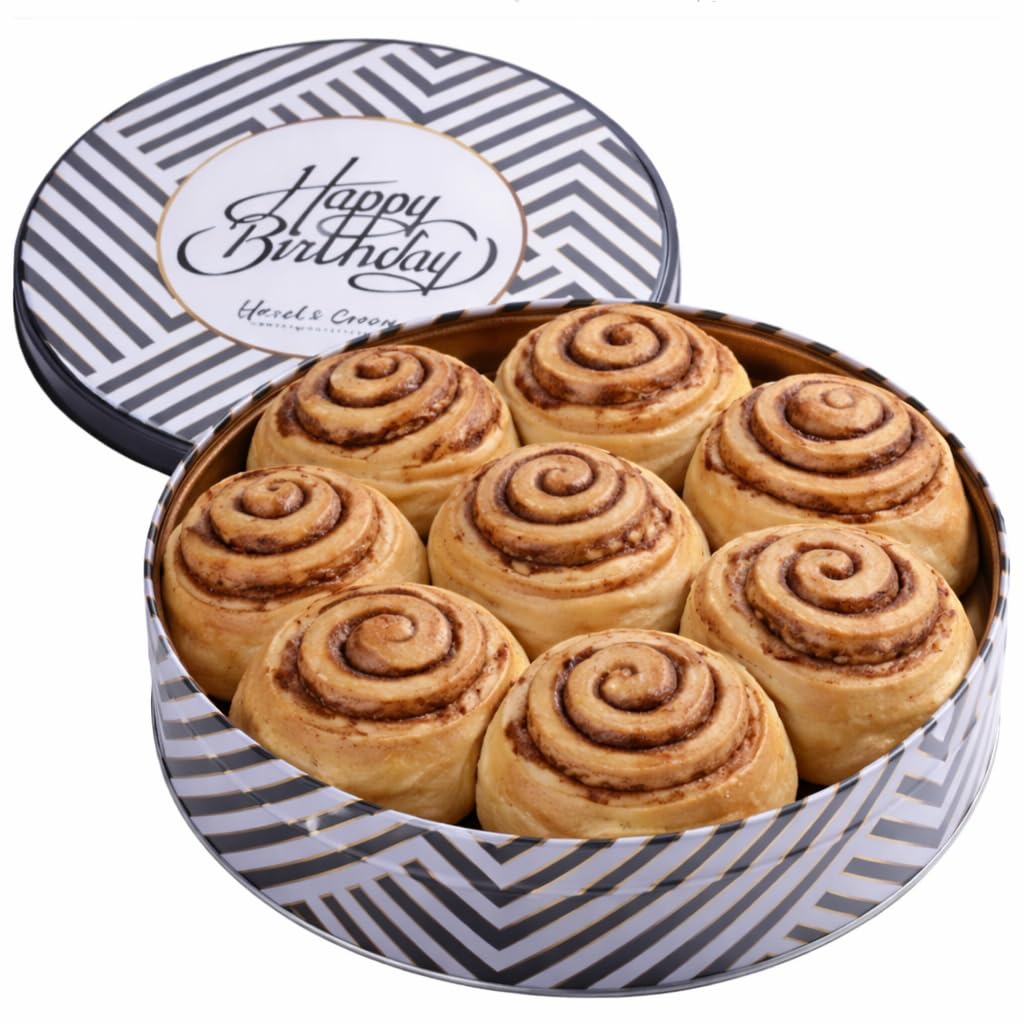 Birthday Cinnamon Rolls Gift Tin – Soft Baked Cinnamon Buns Pastries Individually Wrapped – Gourmet Bakery Treat in Reusable Tin – Happy Birthday Food Gift Basket for Him, Her, Family & Friends