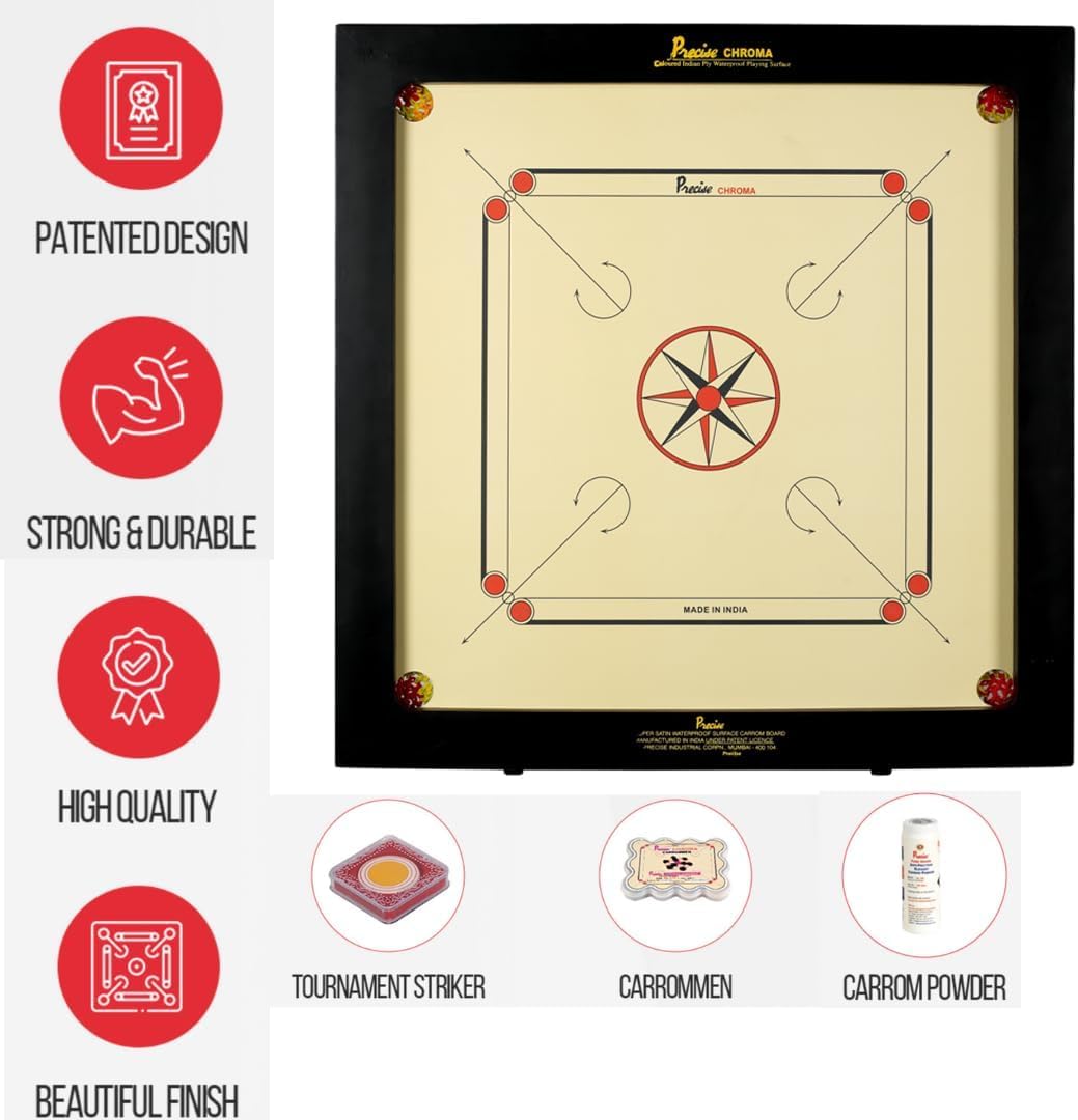 Carrom Original 6 mm Chroma Excel Juego profesional completo patentado, hecho a mano en la India, para 4 jugadores a partir de 9 años