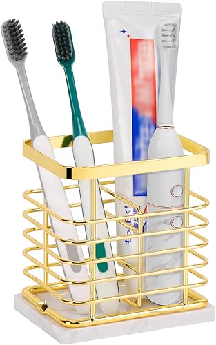 Miniatura 9 de HarJue Soporte para cepillos de dientes con base de mármol, lujoso soporte de metal para pasta de dientes eléctrico para cepillo de dientes para