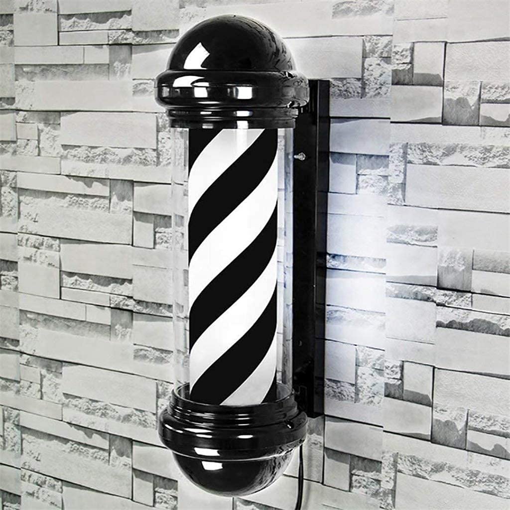 Poste Giratorio de Barbero Luminoso Rojo Blanco y Azul para Peluquería, Barbería y Salón de Belleza (Negro)