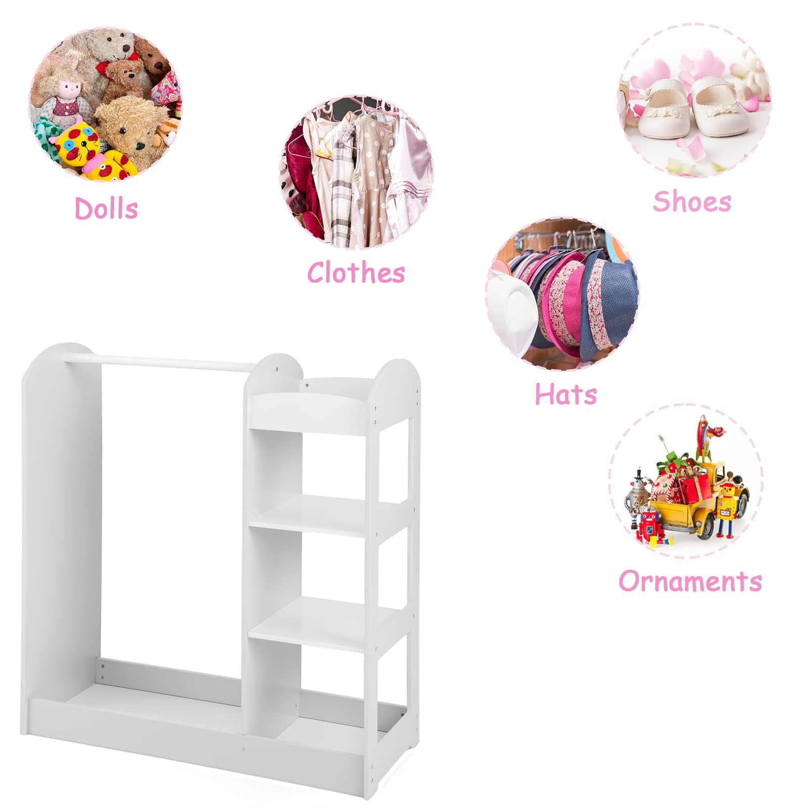 LIFEZEAL Kinder Kleiderständer, Offener Baby Kleiderschrank Kleiderständer Holz, Kinderschrank mit Spiegel, Kinderregal Kindergarderobe mit 4 Ablagen, Weiß