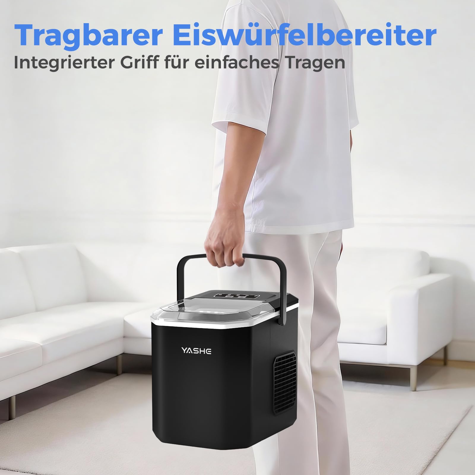 YASHE Eiswürfelmaschine für die Arbeitsplatte, Kugelförmige Eiswürfel in 2 Größen, 9 Eiswürfel in 6 Minuten, 12kg Eis pro Tag, Selbstreinigende Tragbare Eismaschine mit Tragegriff für Küche, Camping