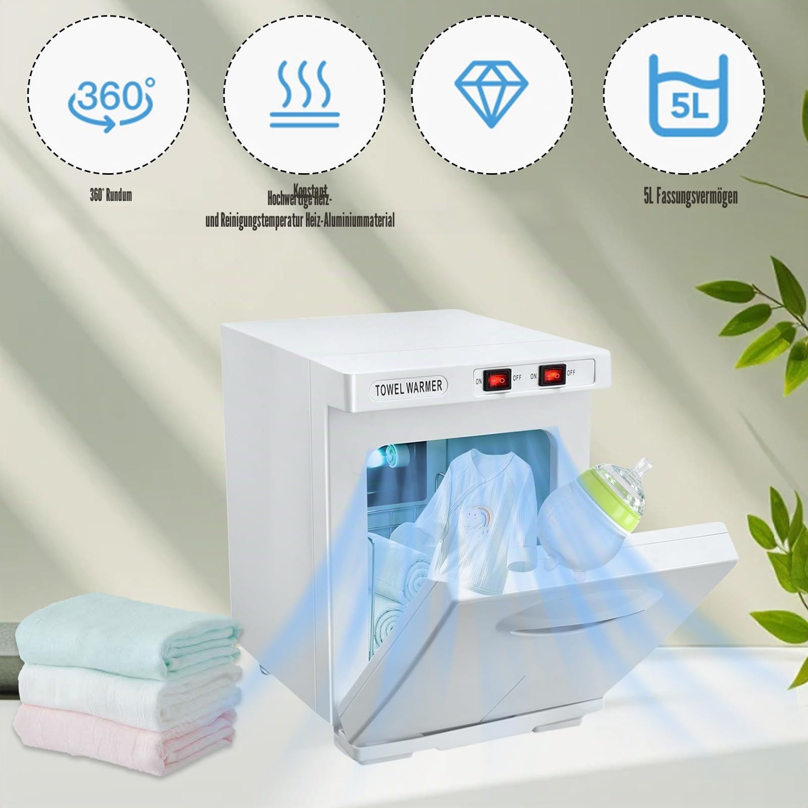 Eznaobo Handtuchwärmer, 5 l, Sterilisator, 176 °C, UV-Sterilisator, 360 ° Heizfunktion, warmer Handtuchschrank für Schönheit, Wohnzimmer, Spa, Maniküre (weiß)