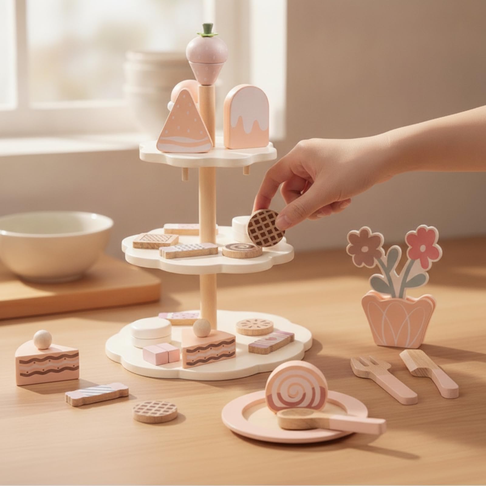 Perfeclan Children Play Kitchen Juego de Té Infantil Juguete de Madera Set de Dulces Soporte de Pasteles Helados Lollipops con Madera Lisa Adecuado para de Té Juego Simbólico Cocinas de Juego
