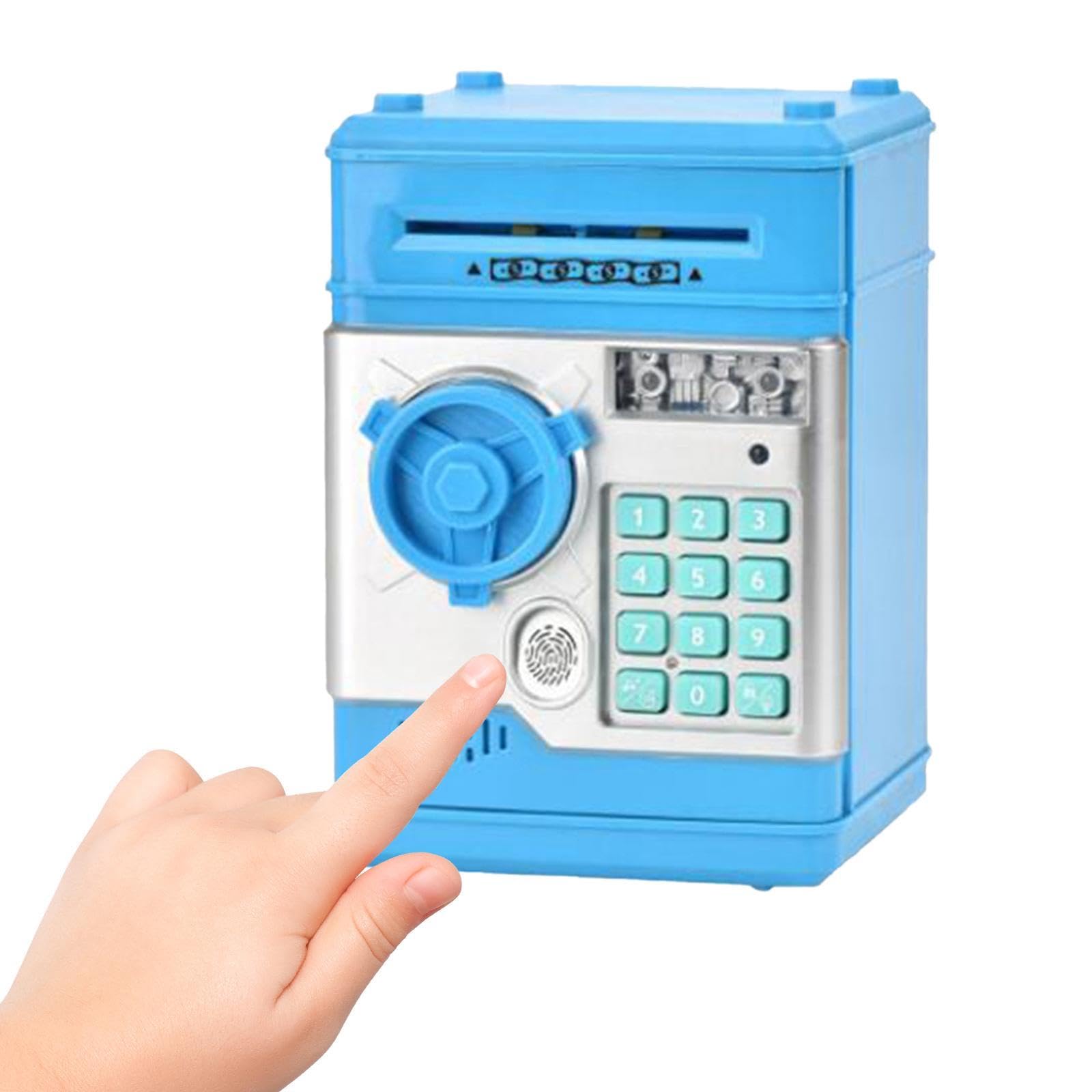 Caja Fuerte Electrónica Infantil Banco de Ahorros Juguete con Contraseña Bloqueo Dactilar Música Almacenaje Dinero Material Plástico Adecuado para Niñ, Azul Claro