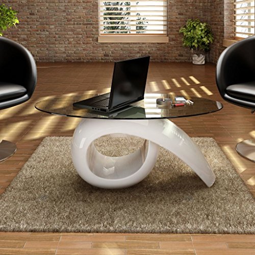 Tidyard Modern High Gloss Coffee Table with Oval Glass Top, End Side Table Living Room Furniture White