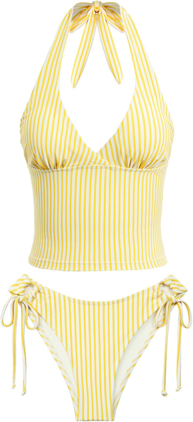 Wave Textured Tankini Swimsuits for Women Metal Floral Decor Halter Tie Side Two Piece Tankinis Set 2026