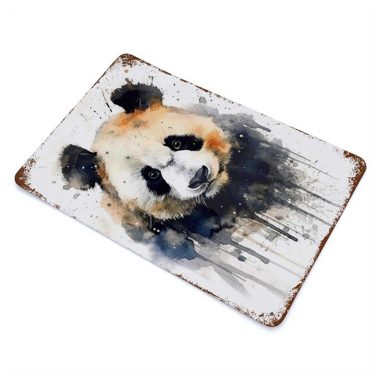 Weathered Tin Sign with Panda Watercolor Design 11.8"x7.9", for Basement, Hobby Room And Garage Decor, Industrial Home Decor