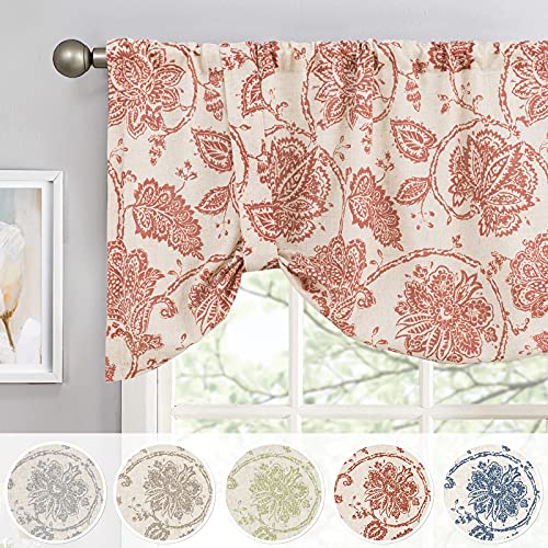 JINCHAN Valance Curtain Kitchen Farmhouse Window Valance for Living Room Linen Scroll Paisley Valance for Bedroom Bathroom Floral Printed Tie Up Small Valance 18 Inch 1 Panel Rod Pocket Red on Beige