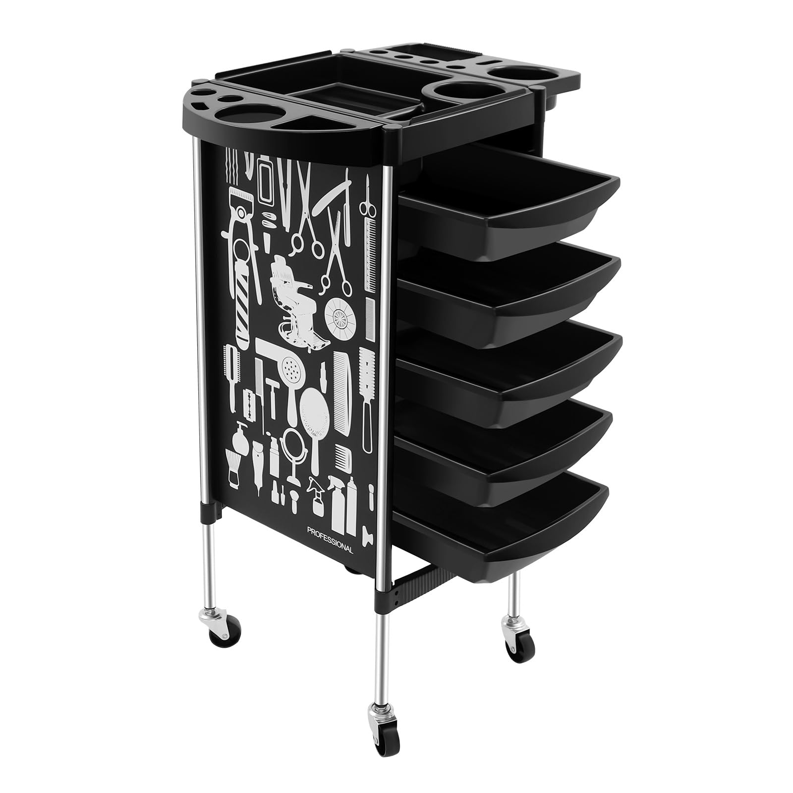 Carro de peluquería con 5 cajones y ruedas, capacidad de carga máxima de 100 kg, para salones de belleza, barbería, color negro